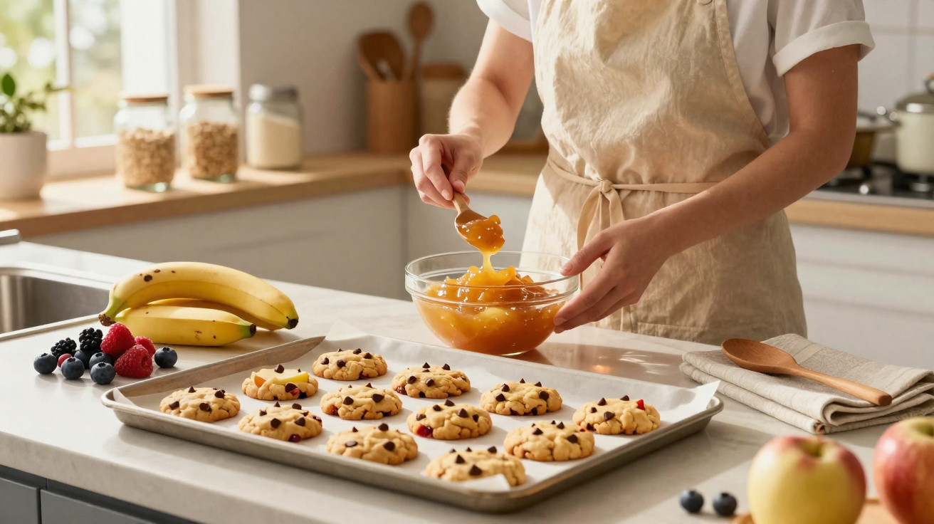 Pessoa preparando biscoitos com gotas de chocolate em uma bancada de cozinha com frutas ao lado.
