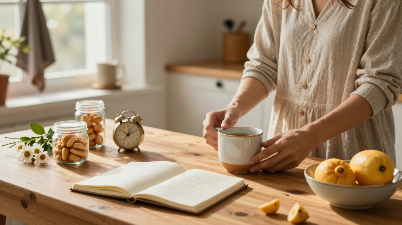 Pessoa segurando xícara ao lado de livro aberto, pote com biscoitos, relógio e frutas sobre mesa de madeira.