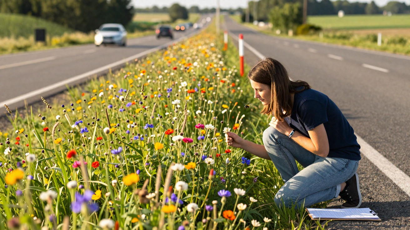Mulher agachada observa flores coloridas ao lado de estrada com carros ao fundo em dia ensolarado.