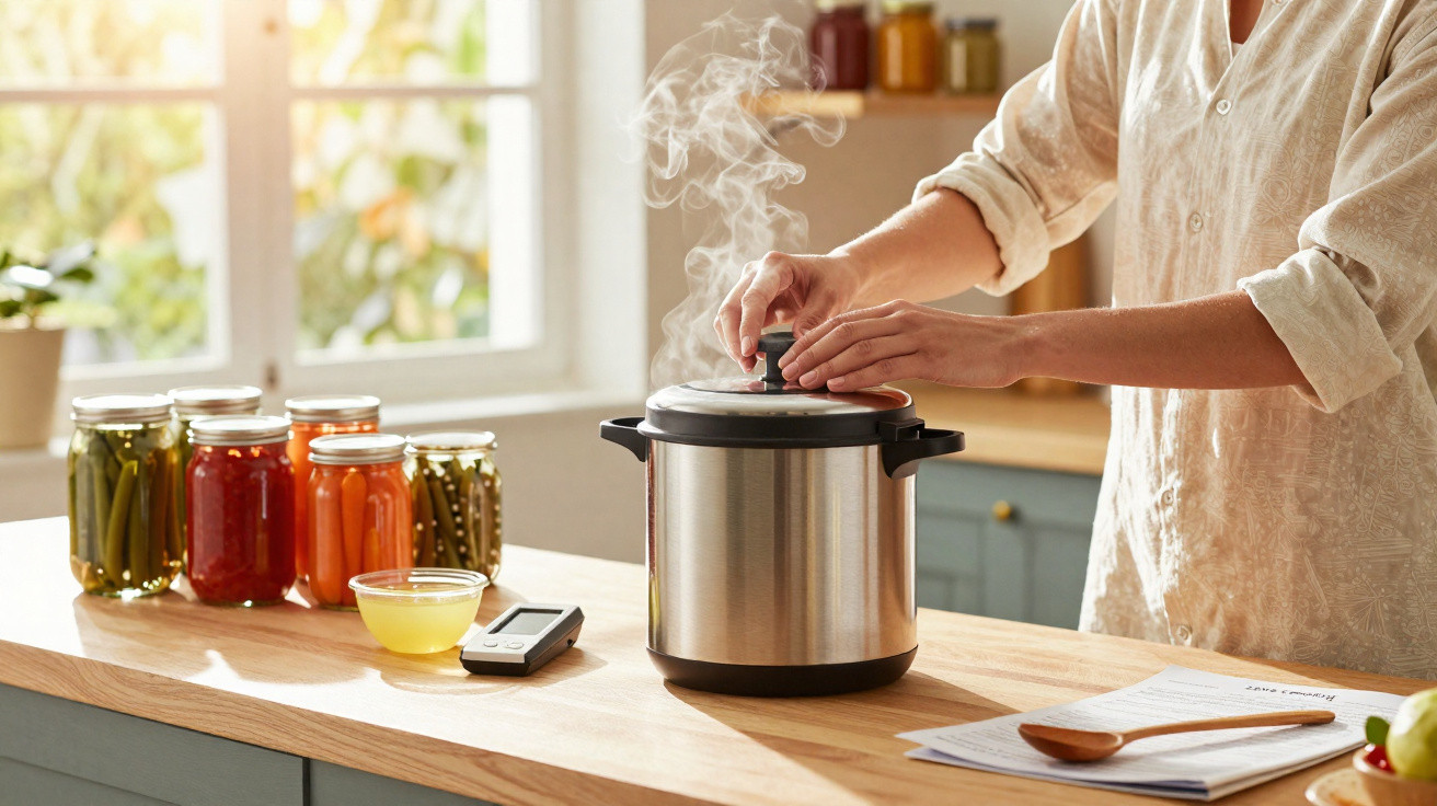 Pessoa tampando panela de pressão na cozinha com potes de conserva ao fundo.