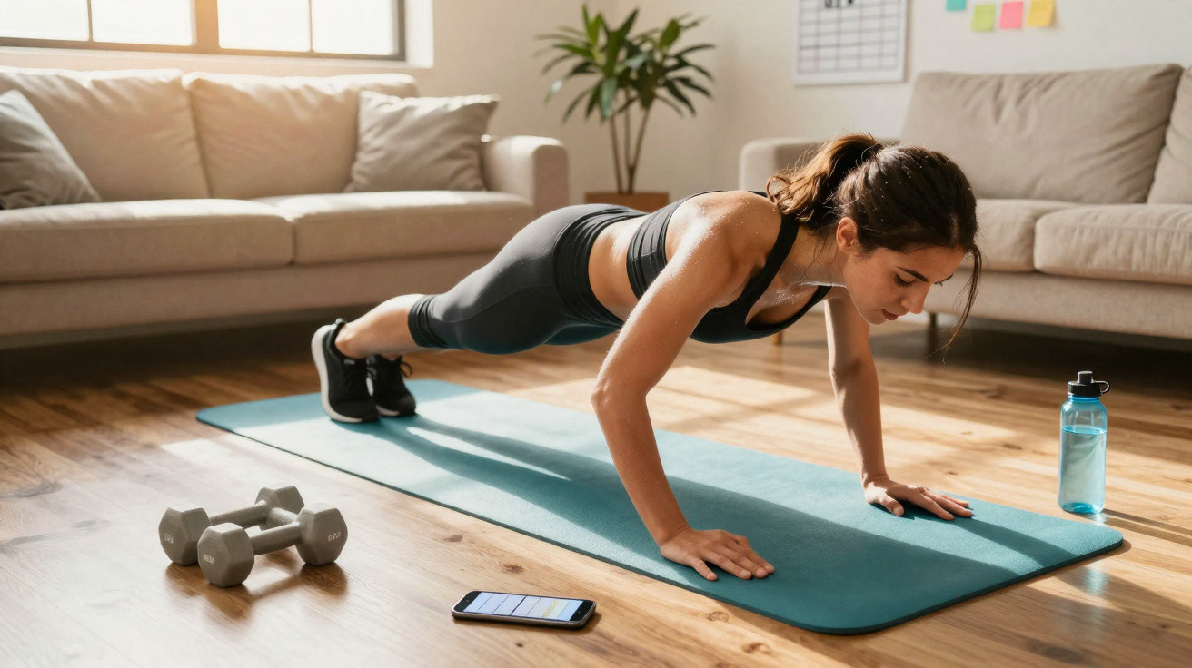 Mulher fazendo flexão em tapete de yoga na sala, com halteres, garrafa de água e celular próximos.