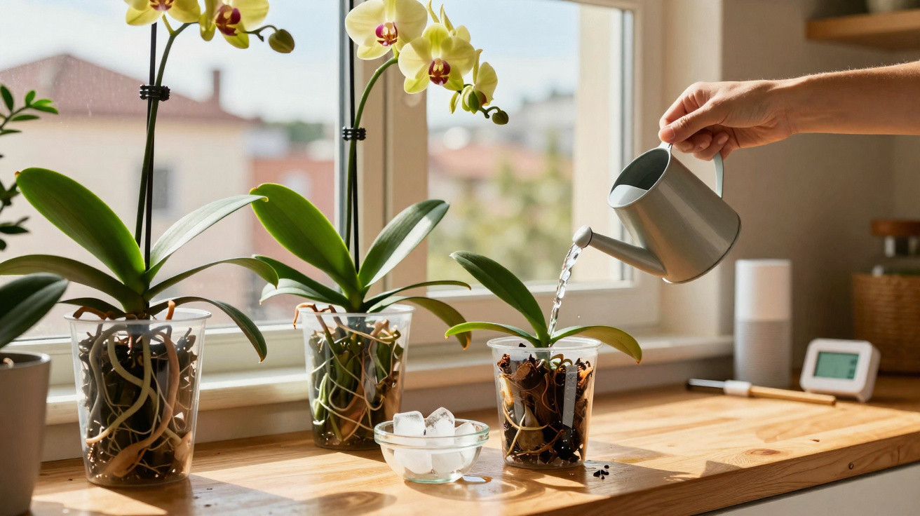 Pessoa regando orquídea em vasos transparentes na janela com luz natural entrando pela manhã.