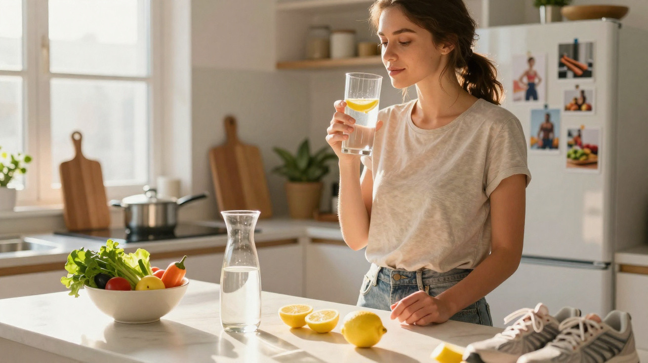 Jovem mulher bebendo água com limão na cozinha, com frutas e legumes sobre a bancada.