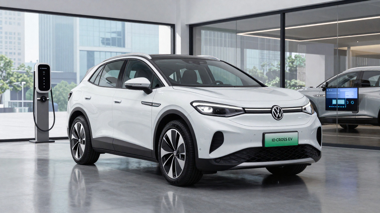 Carro elétrico branco Volkswagen ID.CROSS EV estacionado dentro de showroom moderno com carregador ao lado.