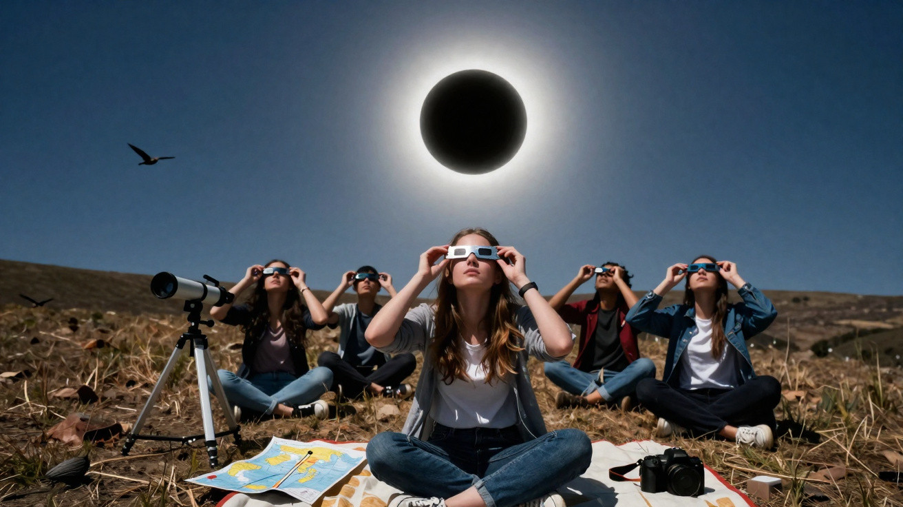 Cinco pessoas sentadas em campo observando eclipse solar total com óculos especiais e telescópio ao lado.