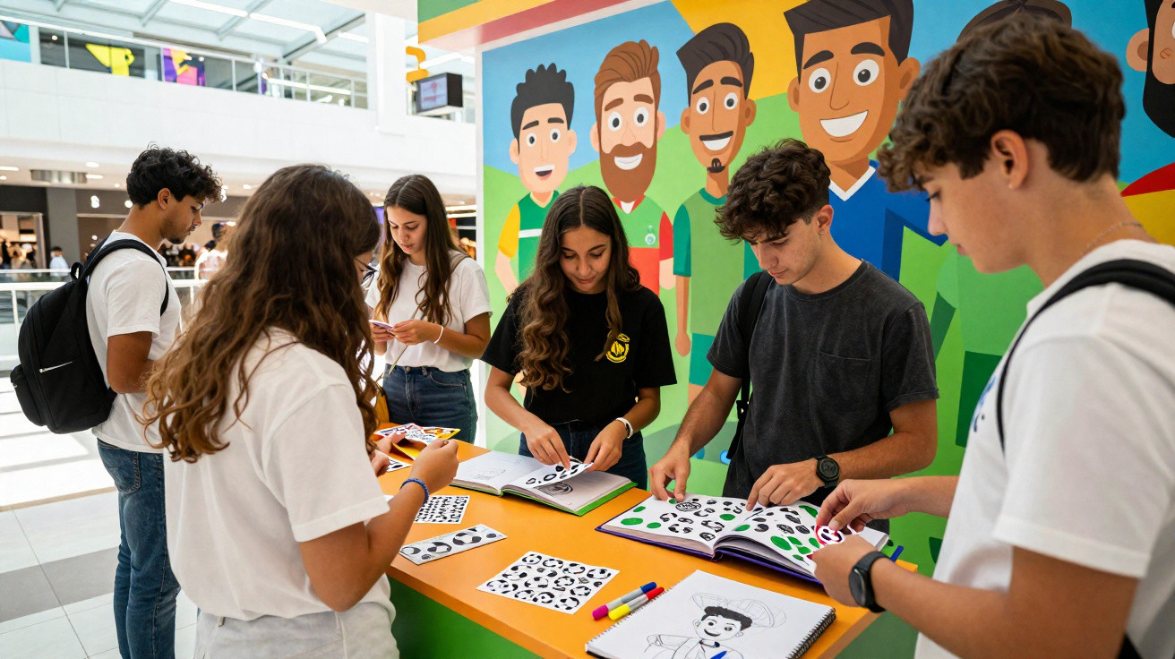 Jovens reunidos em mesa colorida com cadernos e desenhos, ao fundo mural com personagens animados sorridentes.