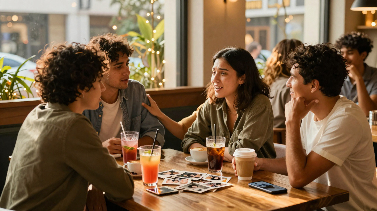 Quatro jovens conversam e tomam bebidas em mesa de cafeteria com fotos espalhadas e luz natural.