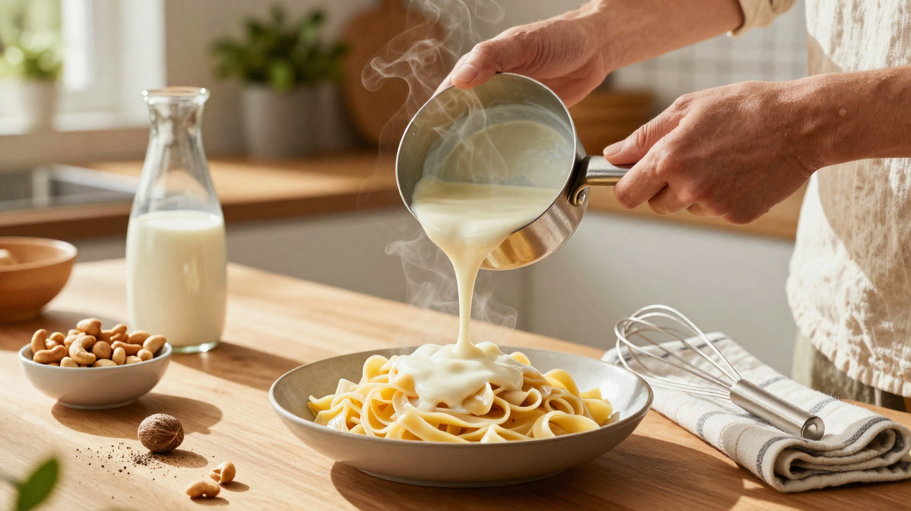 Pessoa derramando molho branco quente sobre prato de fettuccine com castanhas em bancada de madeira.