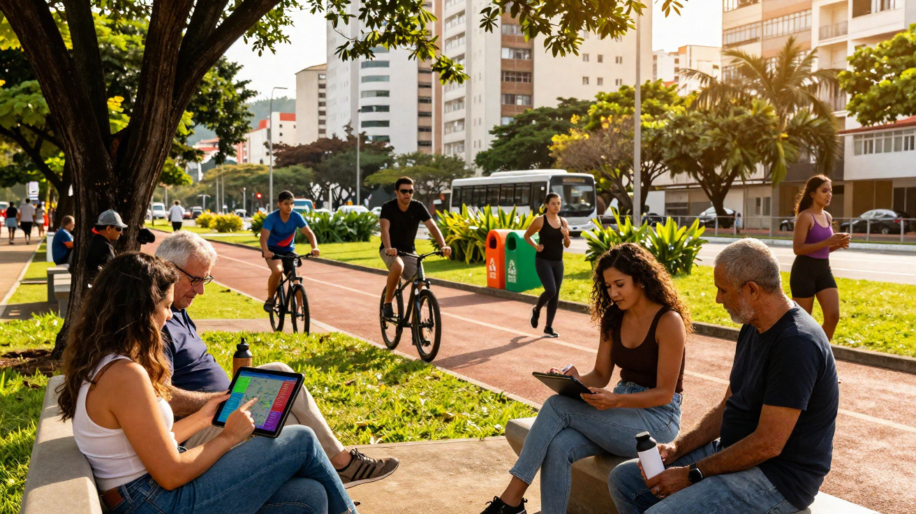 Pessoas de várias idades sociais usando área verde urbana com ciclovia e calçadão em dia ensolarado.