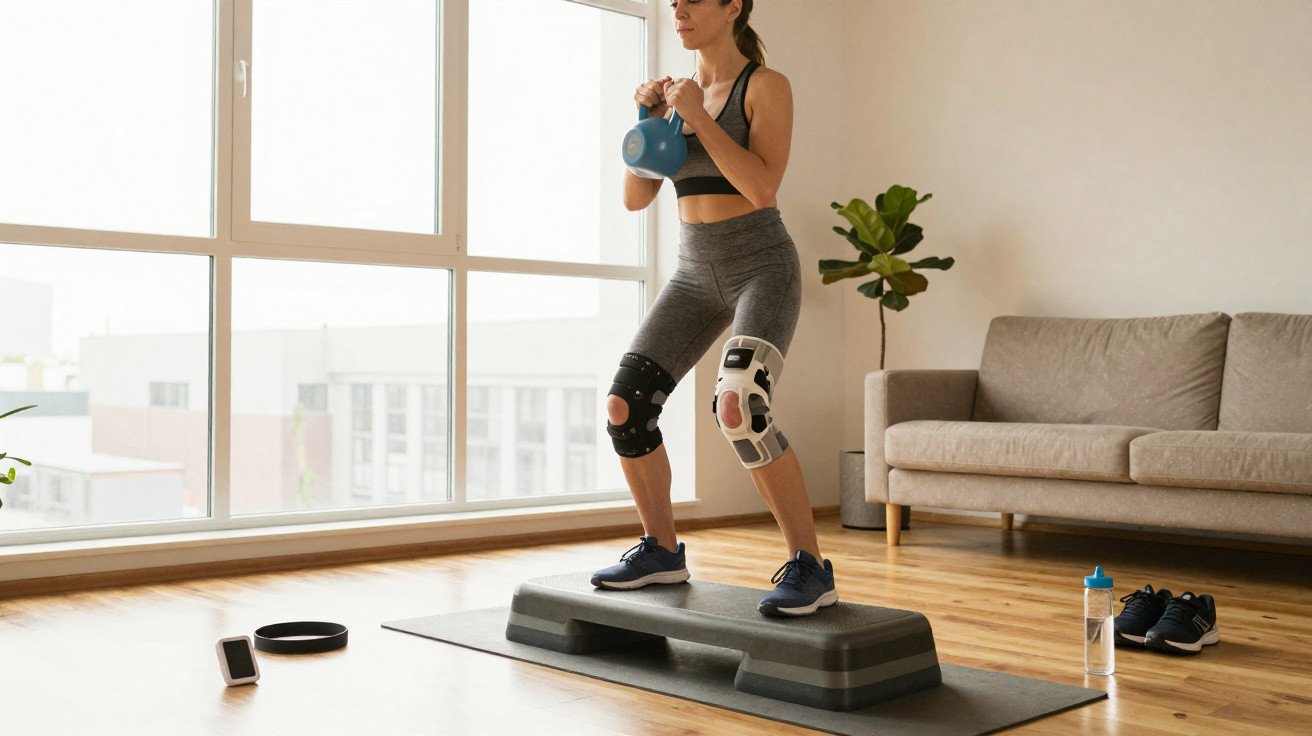 Mulher com joelheiras faz exercício com kettlebell em plataforma na sala de estar iluminada.