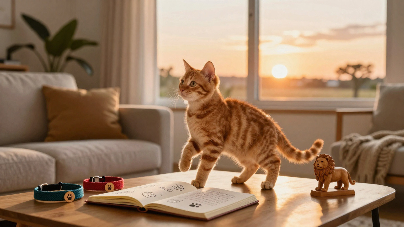 Gato laranja em pé sobre mesa com livro aberto, coleiras e brinquedo de leão, com pôr do sol ao fundo.