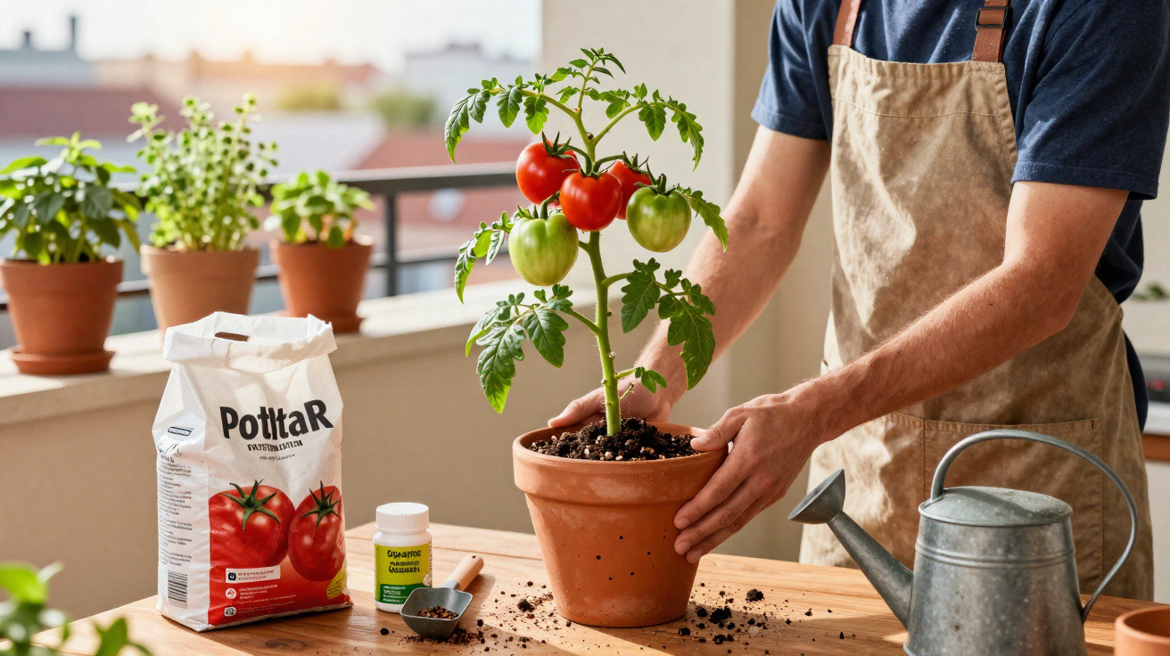 Pessoa cuidando de planta de tomate em vaso, ao lado de regador e saco de fertilizante em varanda.
