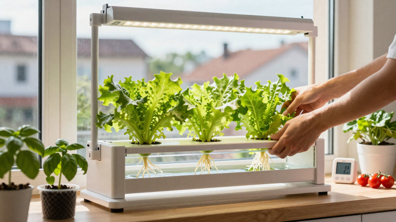 Horta hidropônica caseira com alface crescendo sob luz artificial em janela ensolarada.