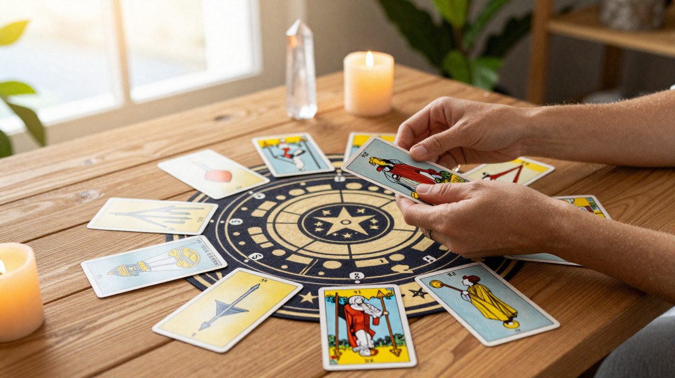 Pessoa segurando carta de tarô em mesa com cartas dispostas em círculo e velas acesas ao redor.