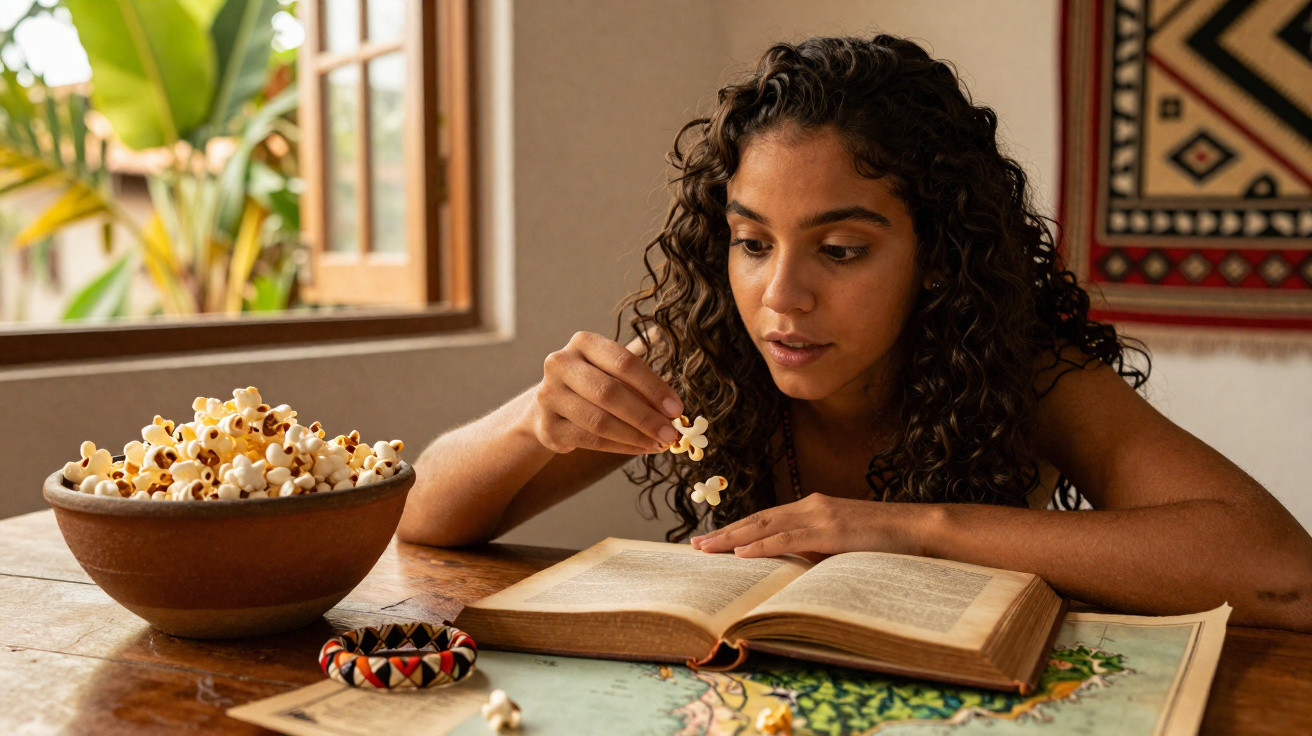 Mulher lendo livro à mesa com tigela de pipoca, segurando pedaço de pipoca decorativa.