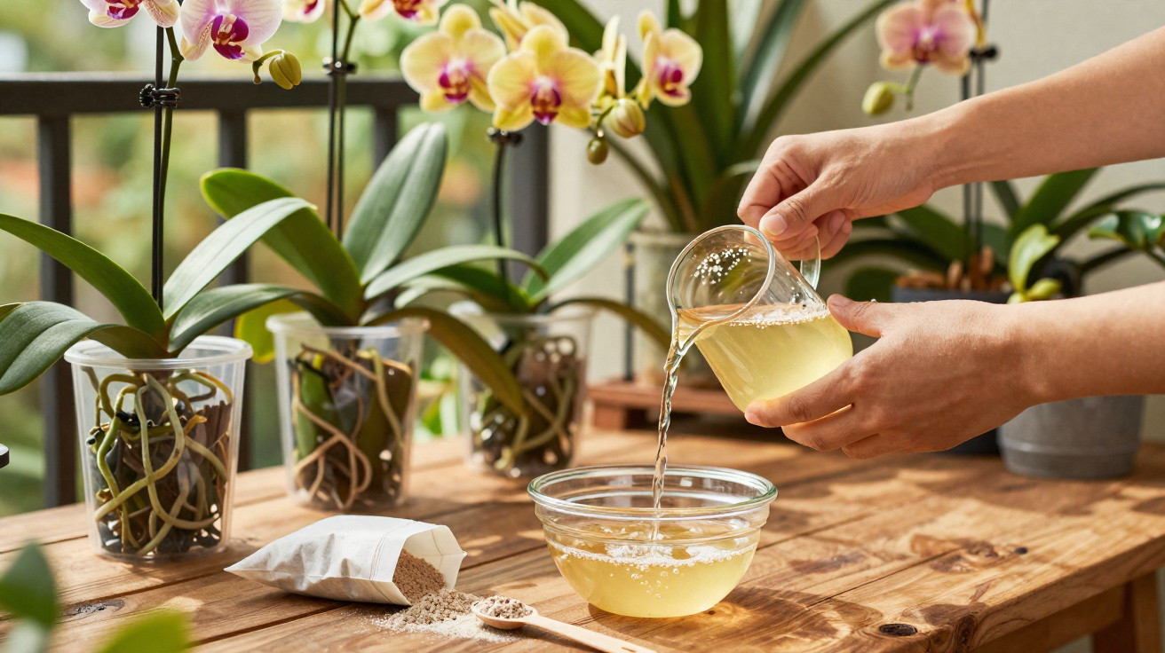 Mãos despejando fertilizante líquido em tigela com orquídeas em vasos transparentes ao fundo.