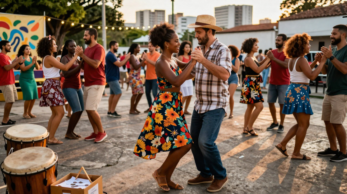 Casais variados dançando em grupo ao ar livre em clima festivo durante o pôr do sol.