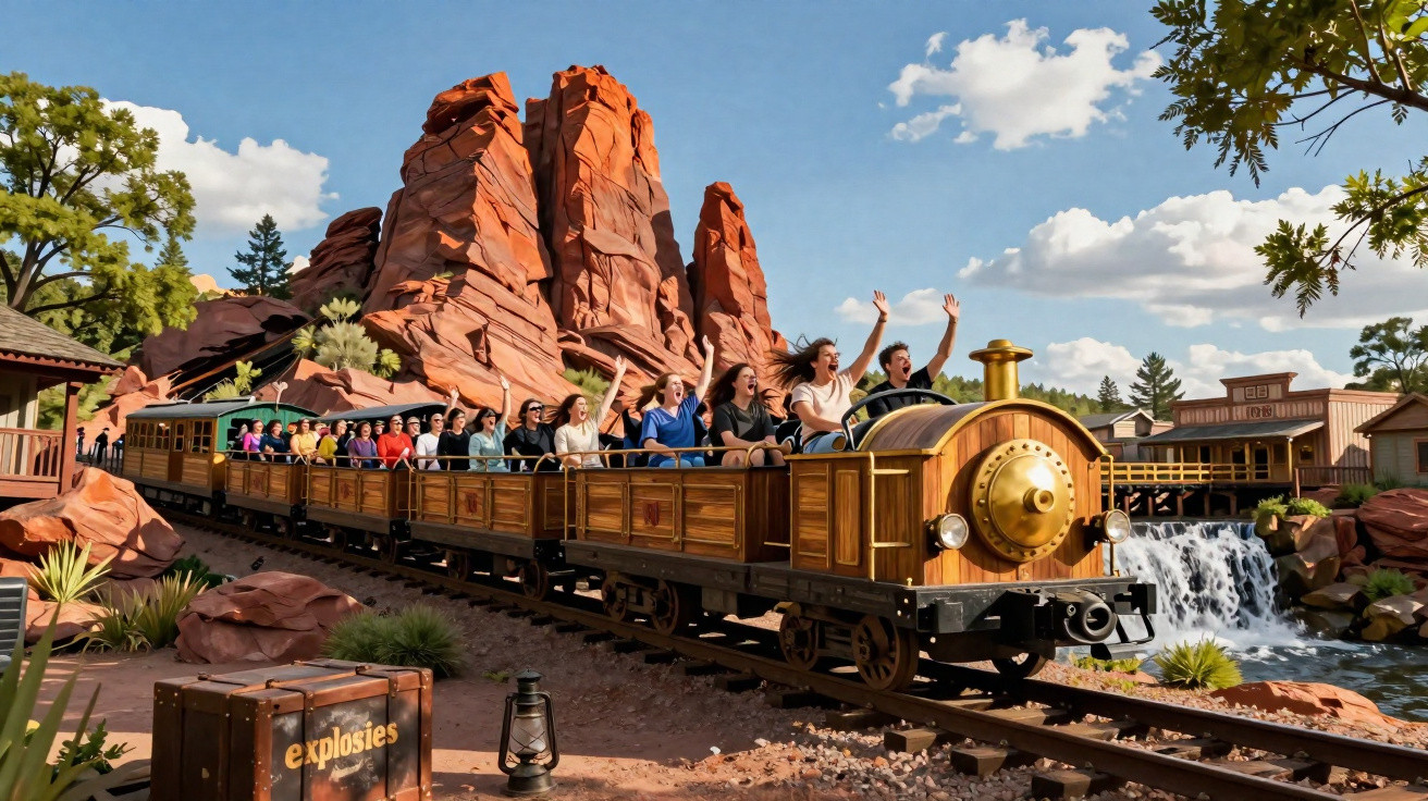 Montanha-russa estilo trem em parque temático com passageiros animados e formação rochosa ao fundo.