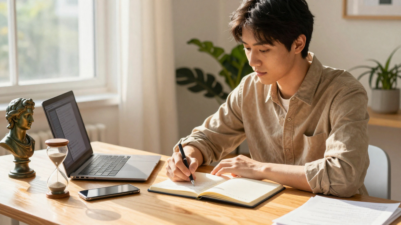 Jovem concentrado escrevendo em caderno com laptop, celular e ampulheta sobre mesa em ambiente iluminado.