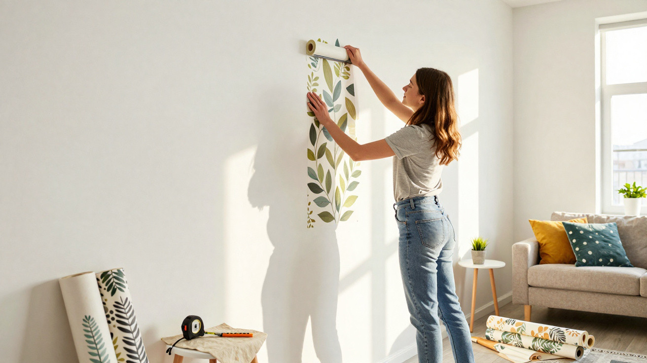 Mulher aplicando papel de parede com estampa de folhas em sala iluminada com sofá e plantas.