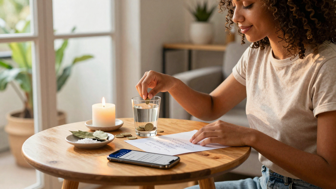 Mulher colocando moeda em copo com água em mesa com vela, papel e celular em ambiente iluminado.
