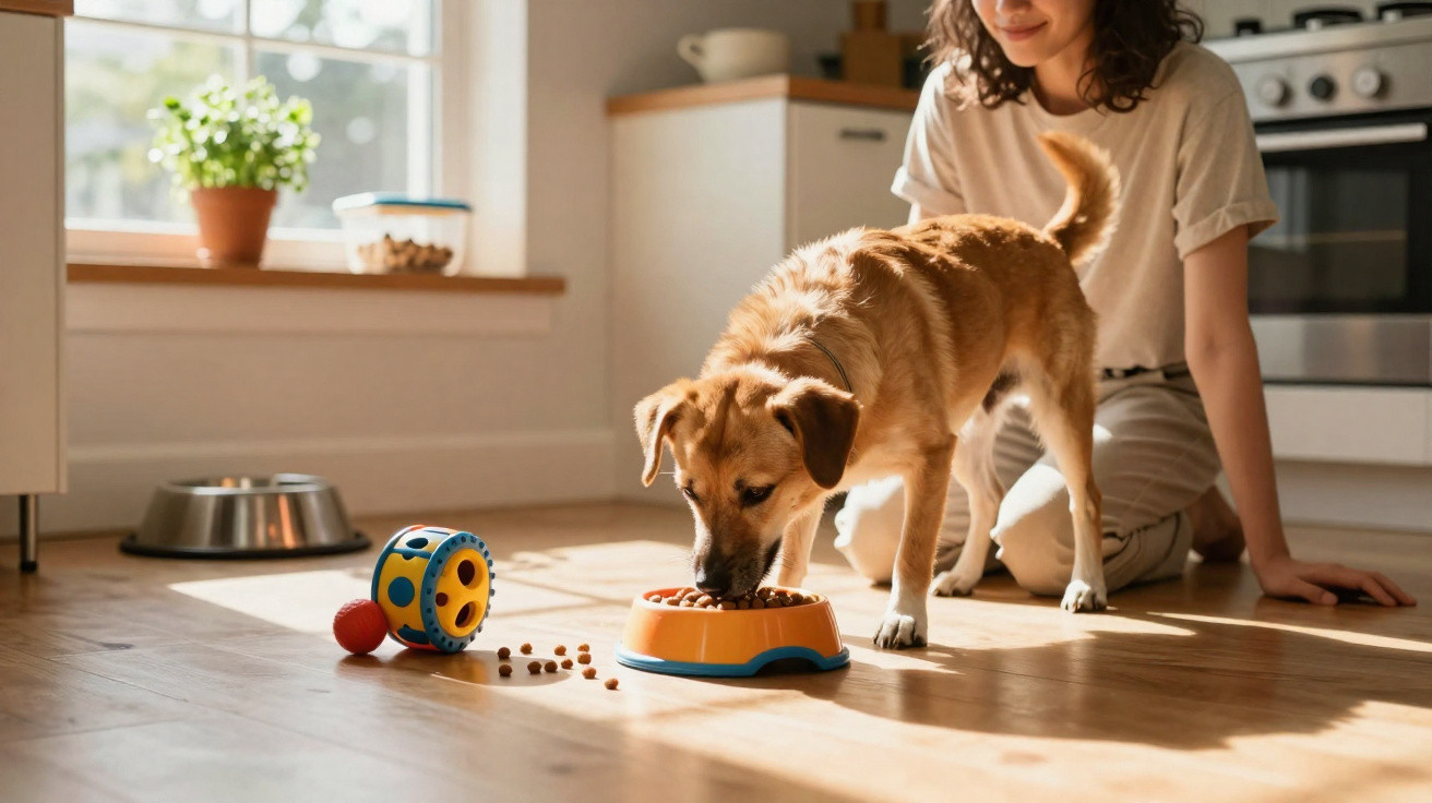Cachorro comendo ração no chão da cozinha enquanto uma pessoa sentada observa.