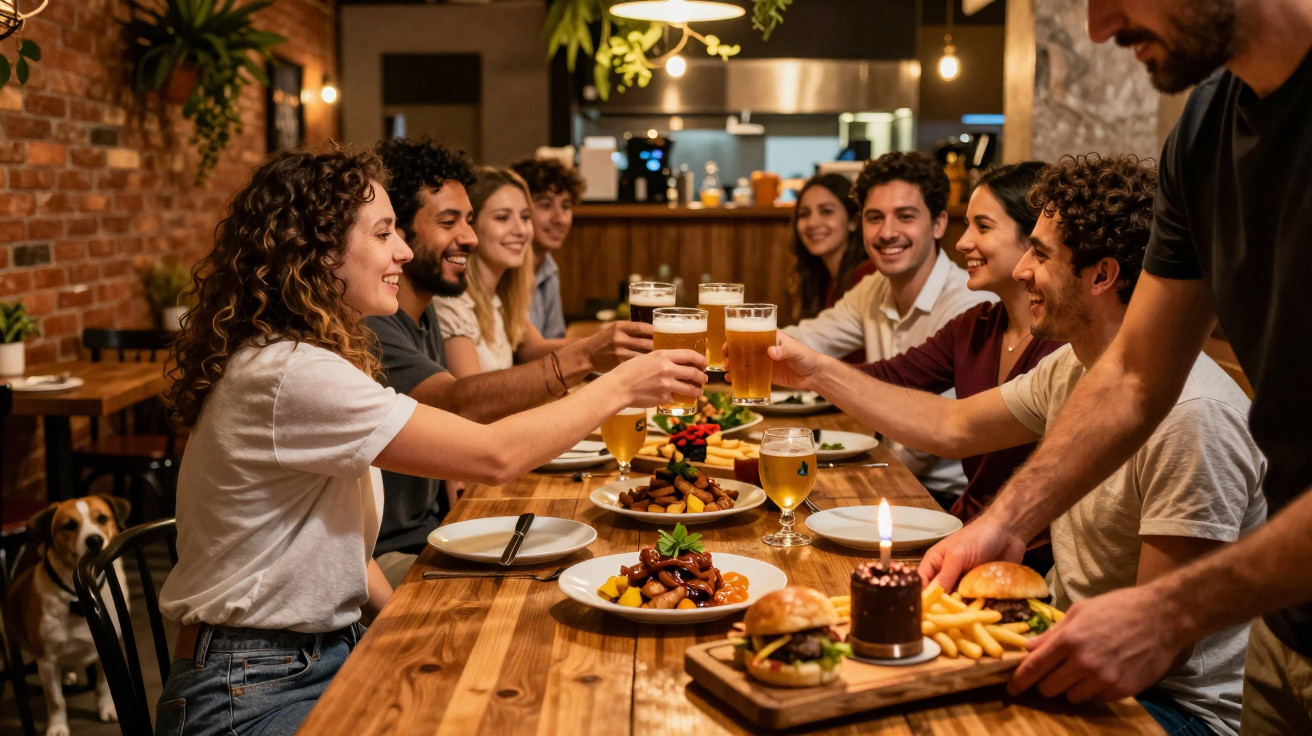 Grupo de amigos brindando com cerveja em jantar descontraído com comida e bolo à mesa em ambiente acolhedor.