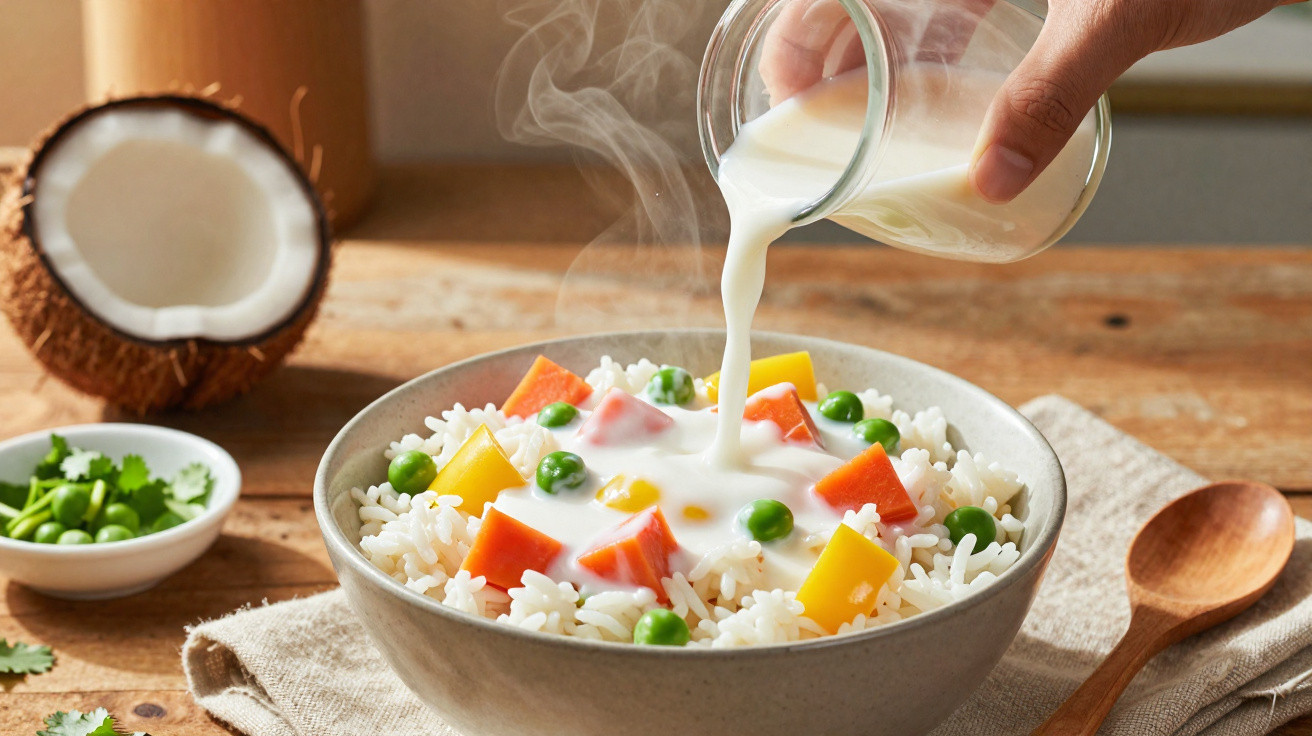 Pessoa derramando leite de coco em arroz com cenoura, ervilha e pimentão em tigela cinza.