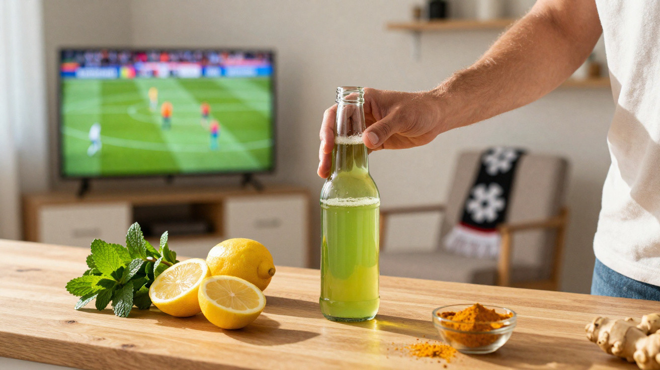 Pessoa segurando garrafa de bebida verde com limões, hortelã e especiarias na mesa, com TV ao fundo.