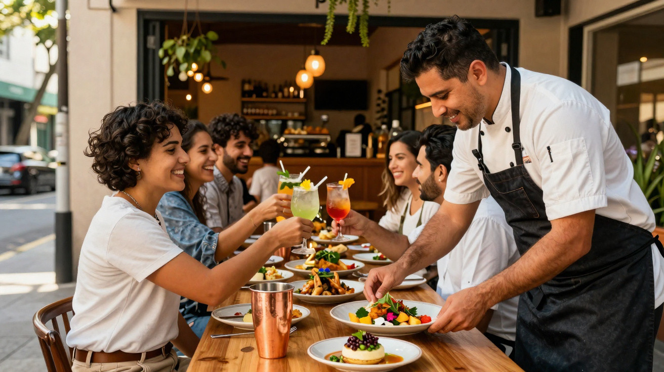 Garçom serve prato para grupo de amigos felizes brindando em restaurante moderno e iluminado.