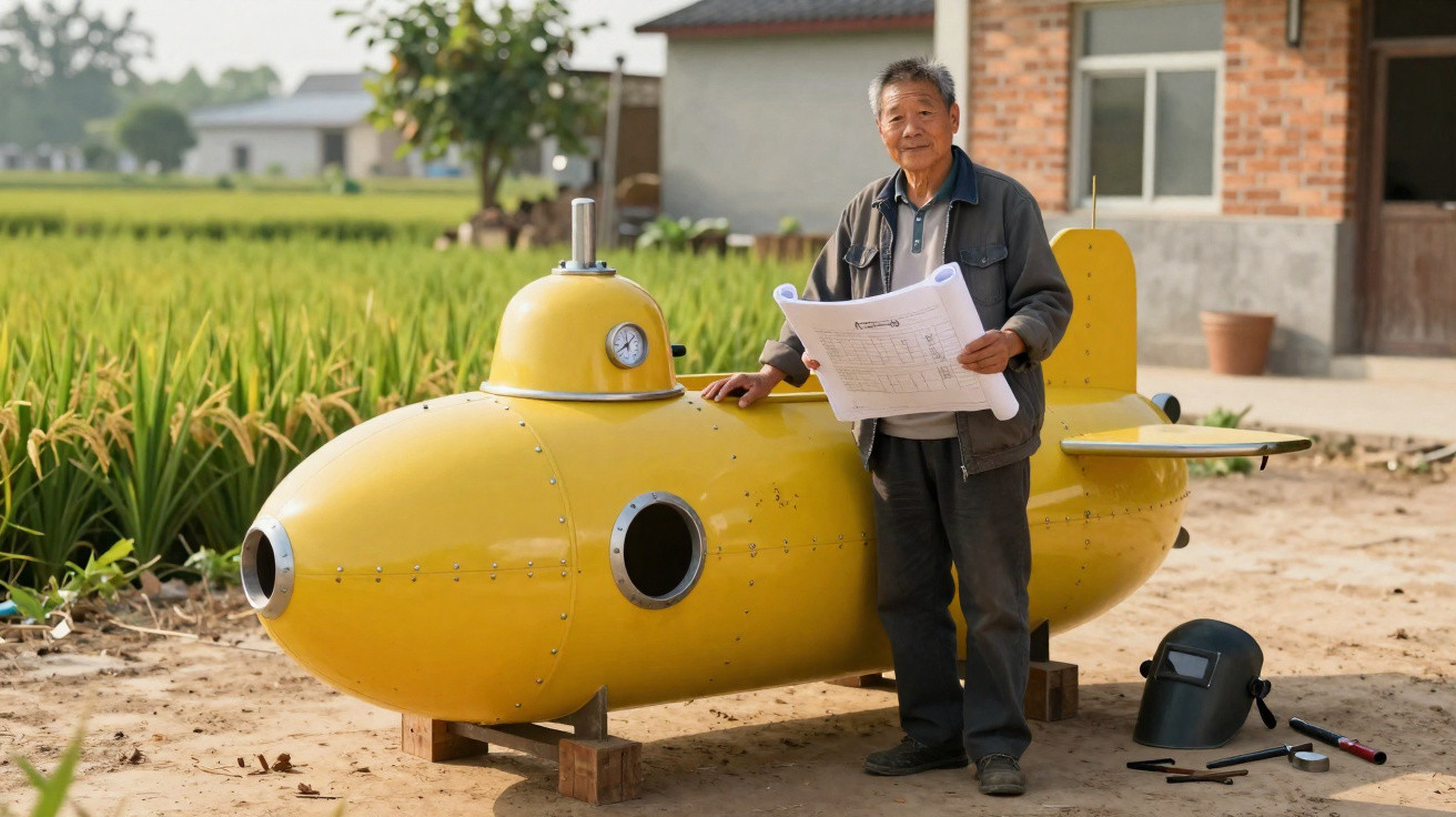 Idoso segura planta ao lado de um pequeno submarino amarelo em área rural com arrozais ao fundo.