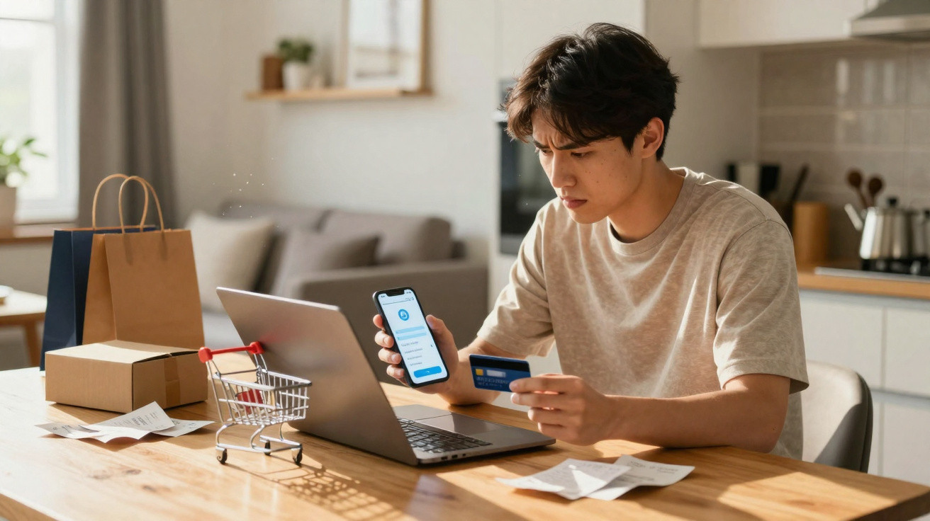 Jovem sentado à mesa com laptop, segurando celular e cartão de crédito, fazendo compra online.