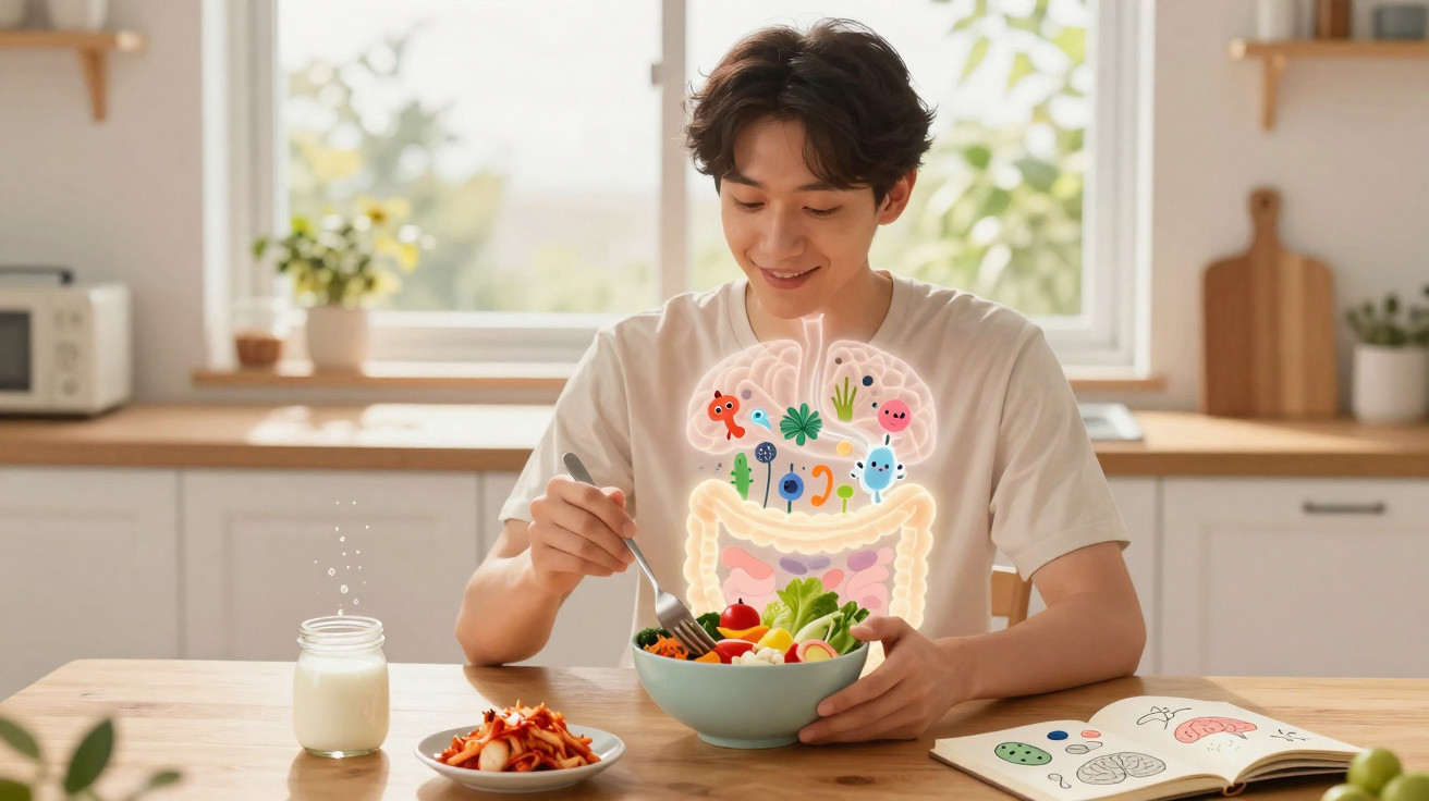 Jovem sorrindo em uma cozinha, com ilustração do intestino e micro-organismos sobreposto enquanto come salada.