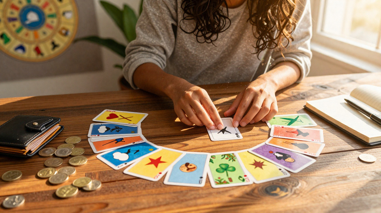 Pessoa organizando cartas coloridas de baralho espanhol sobre mesa de madeira iluminada por luz natural.