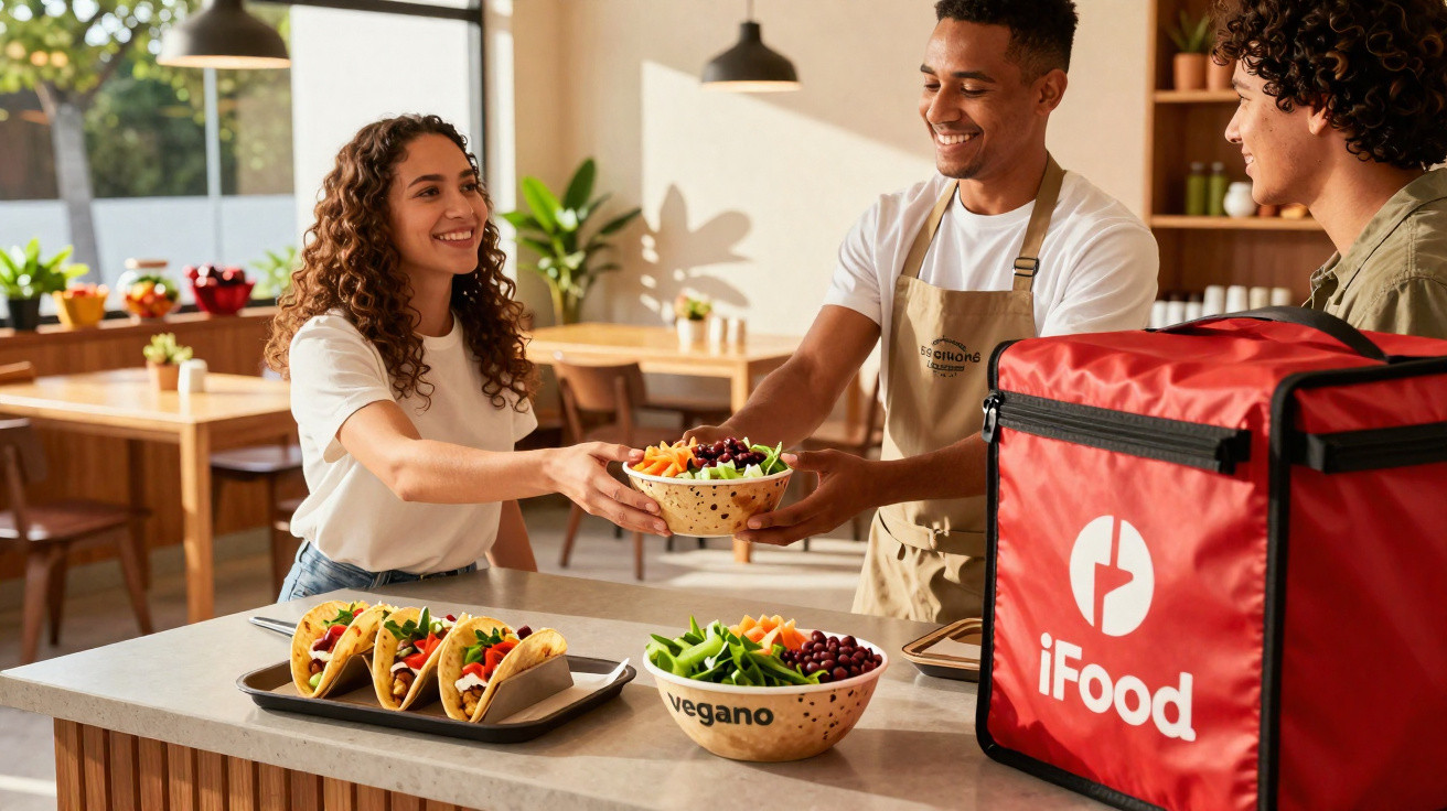 Jovem recebe tigela de comida vegana entregue por entregador em restaurante com bolsa térmica iFood.