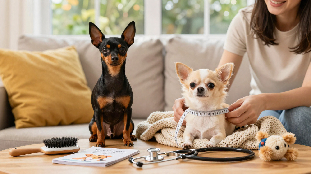 Dois cachorros em uma mesa com uma pessoa medindo circunferência de um deles, brinquedo, escova e estetoscópio.