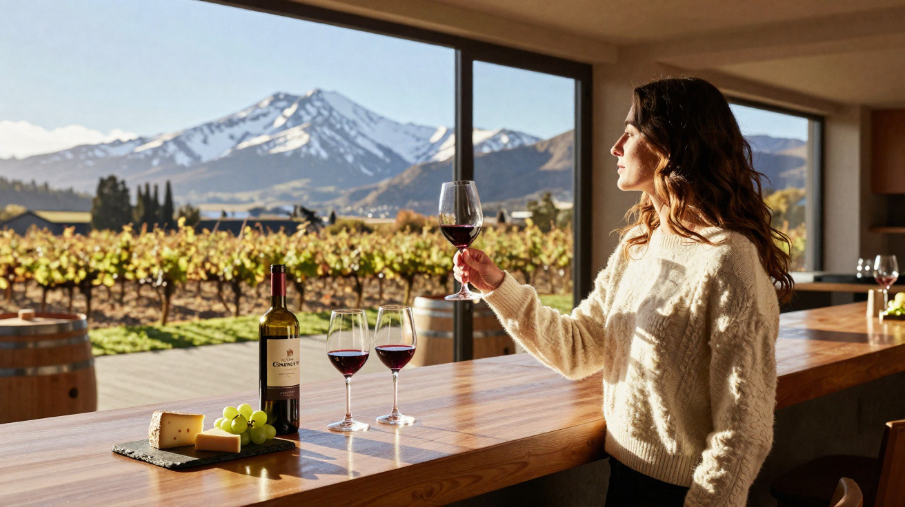 Mulher segurando taça de vinho à luz do dia em vinícola com montanhas ao fundo.