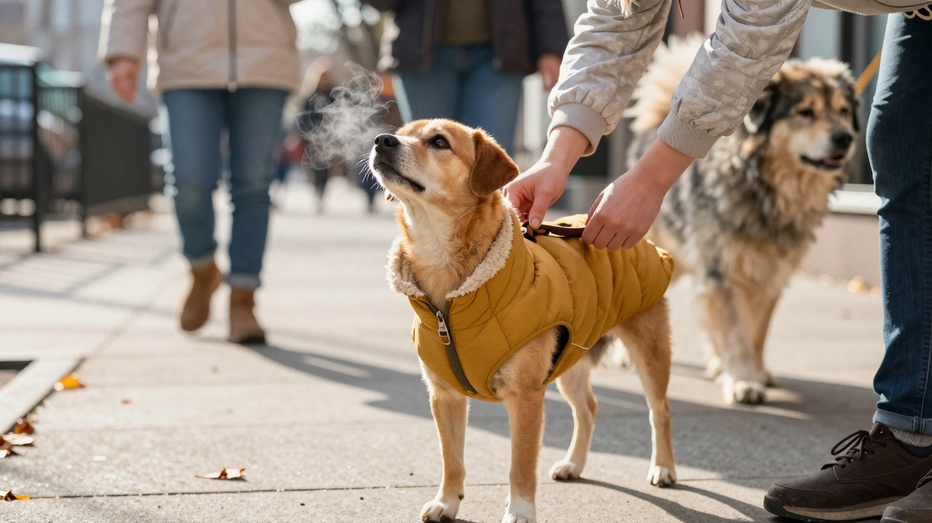 Pessoa veste casaco amarelo em cachorro pequeno enquanto outra pessoa caminha com cachorro maior na calçada.