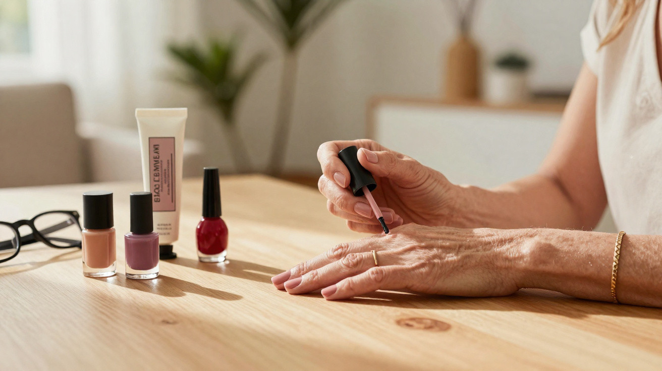 Pessoa aplicando esmalte rosa claro nas unhas com vidros de esmalte e creme em mesa de madeira.