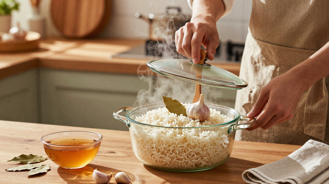 Pessoa retirando tampa de panela de vidro com arroz branco cozido e alho na cozinha.