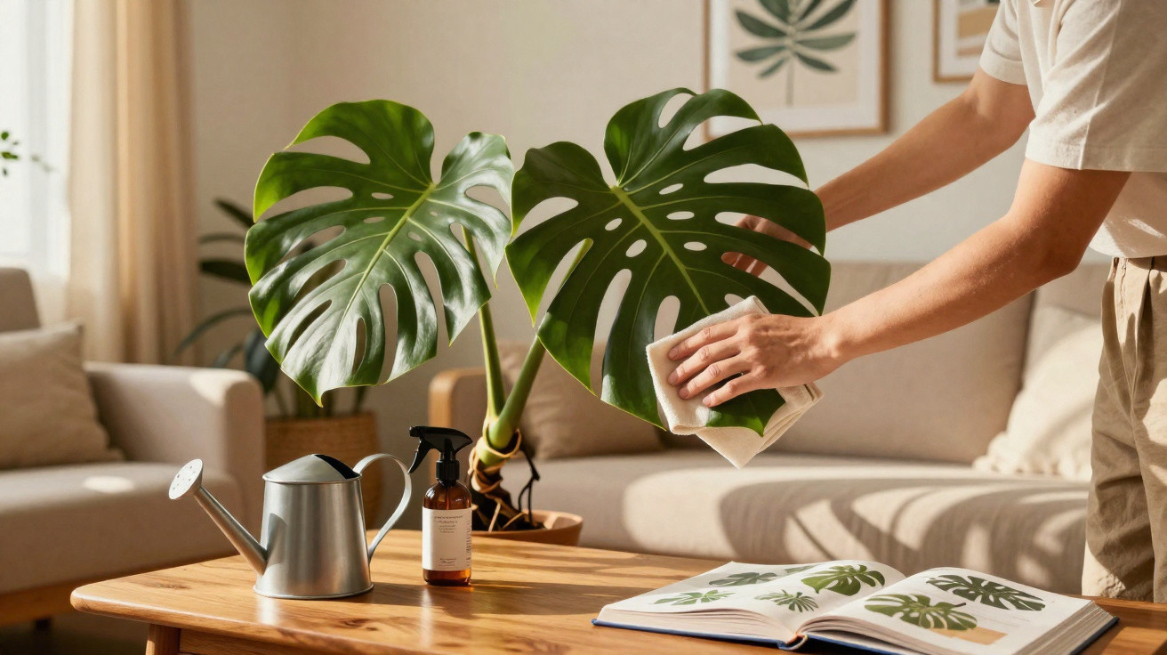Pessoa limpando folhas de planta monstera em vaso sobre mesa de madeira na sala iluminada.