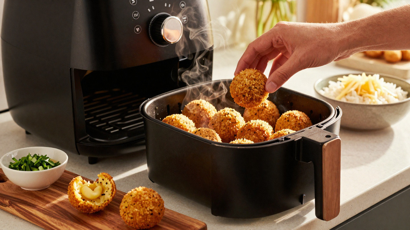 Mão retirando bolinho crocante de airfryer com bolinhos, arroz e cebolinha ao redor na bancada.