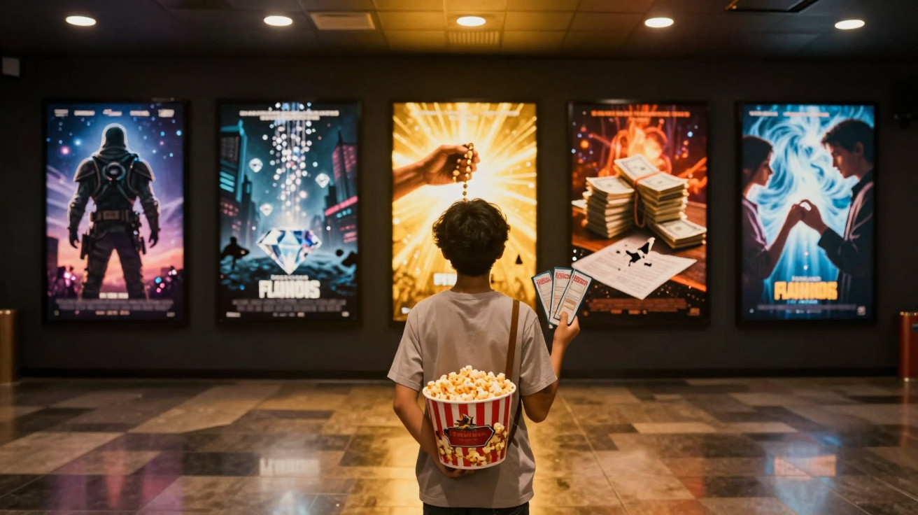 Criança segurando pipoca e ingressos em frente a pôsteres de filmes em um cinema.