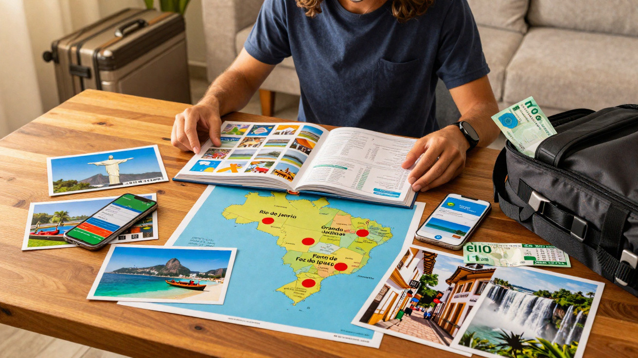 Pessoa planejando viagem ao Brasil, com mapa, fotos turísticas e guia sobre mesa.