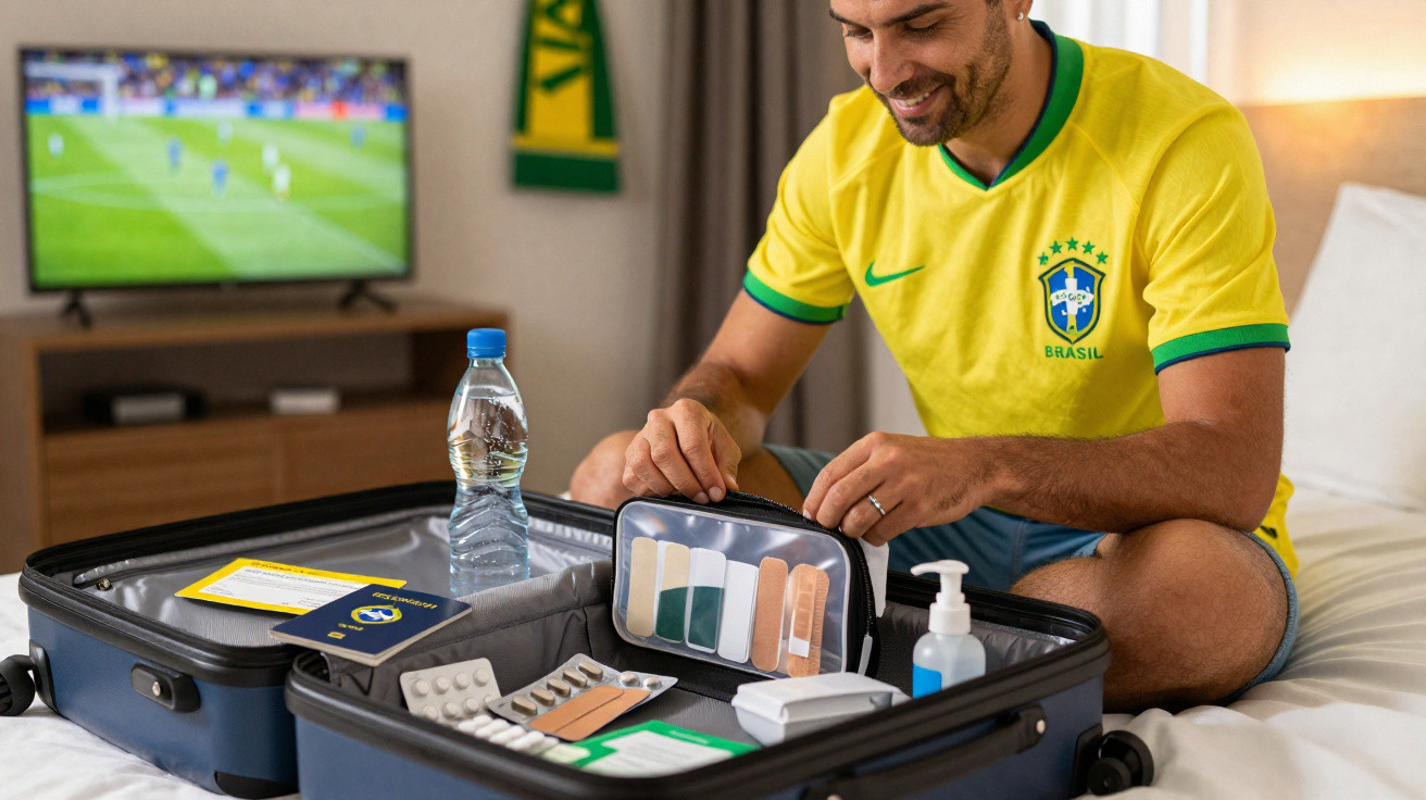 Homem com camisa da seleção do Brasil arrumando kit de primeiros socorros em mala na cama com TV ao fundo.