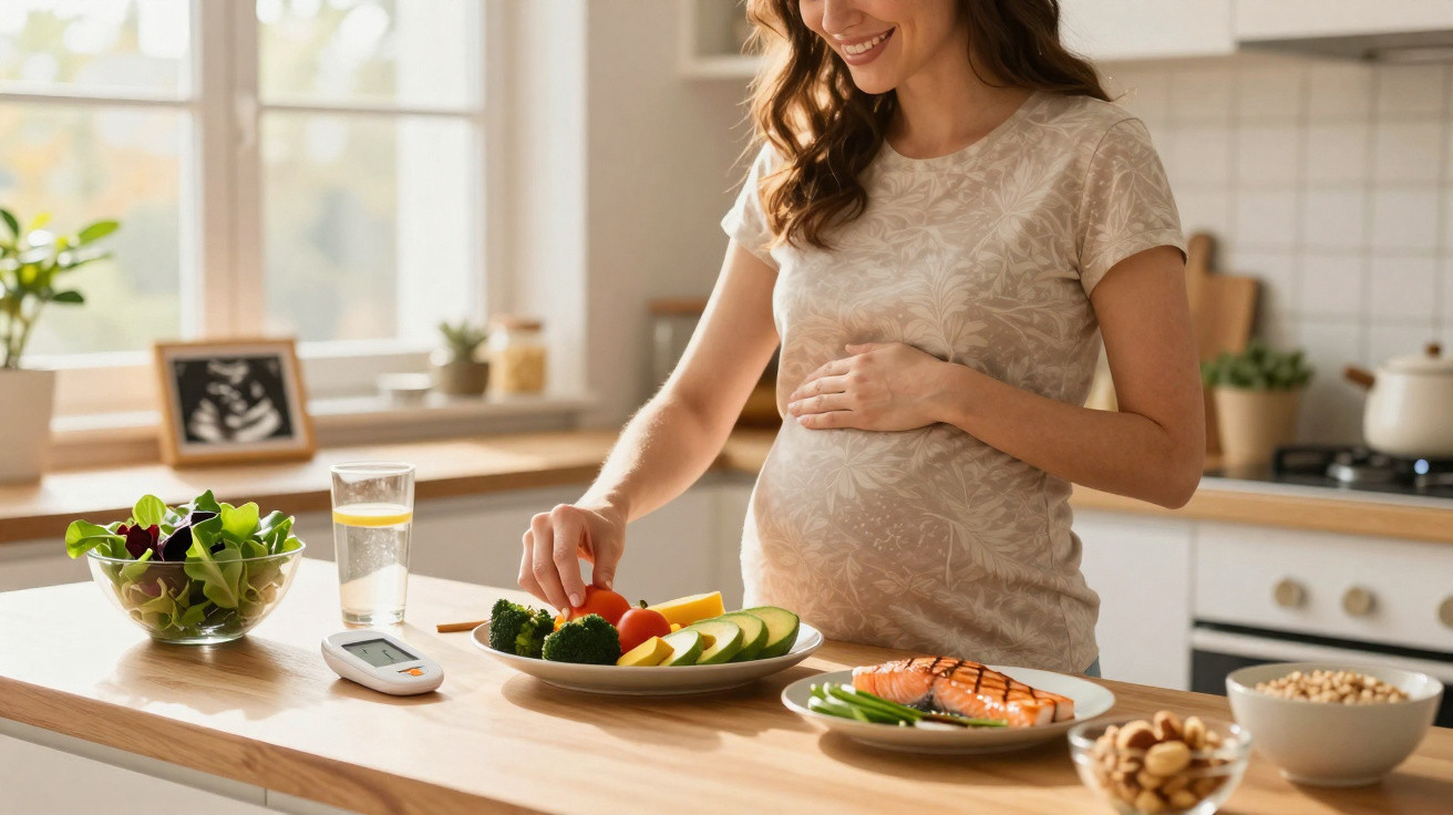 Mulher grávida preparando prato saudável com legumes e peixe na cozinha iluminada pela manhã.