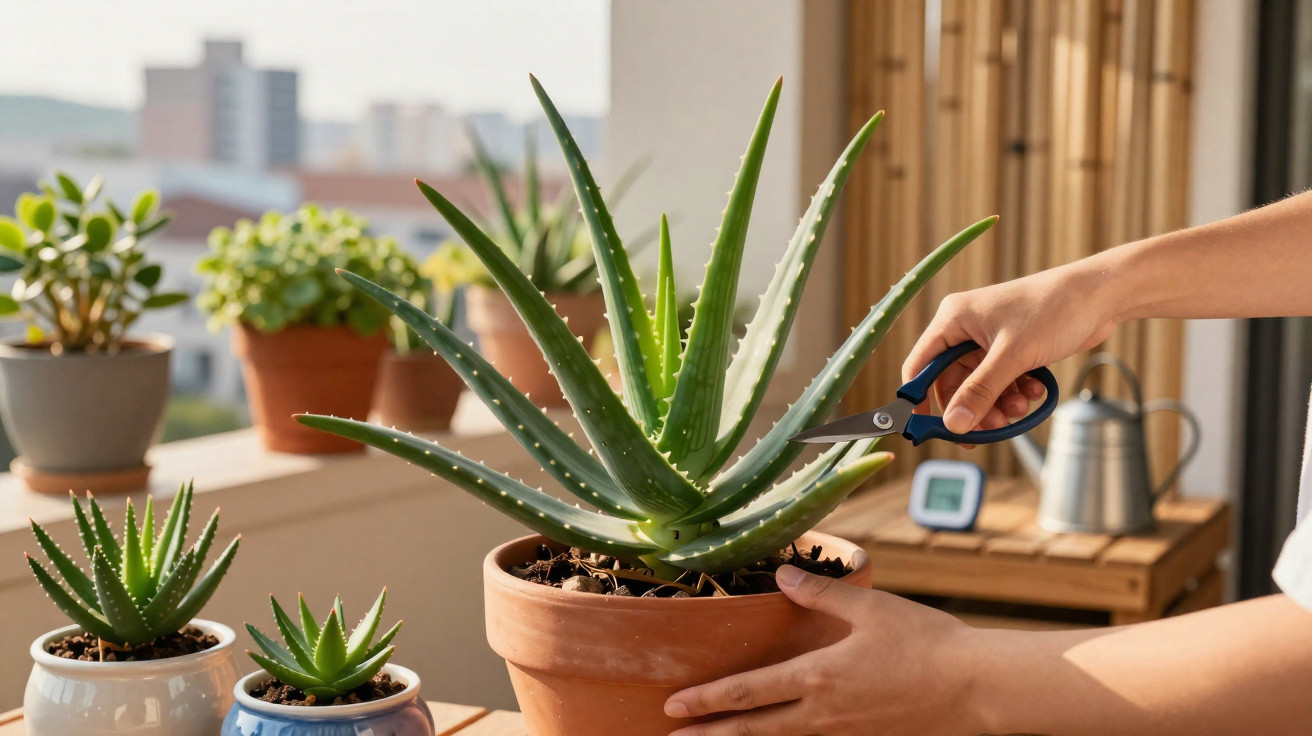 Mãos podando planta suculenta de babosa em vaso de barro em varanda com outras plantas ao fundo.