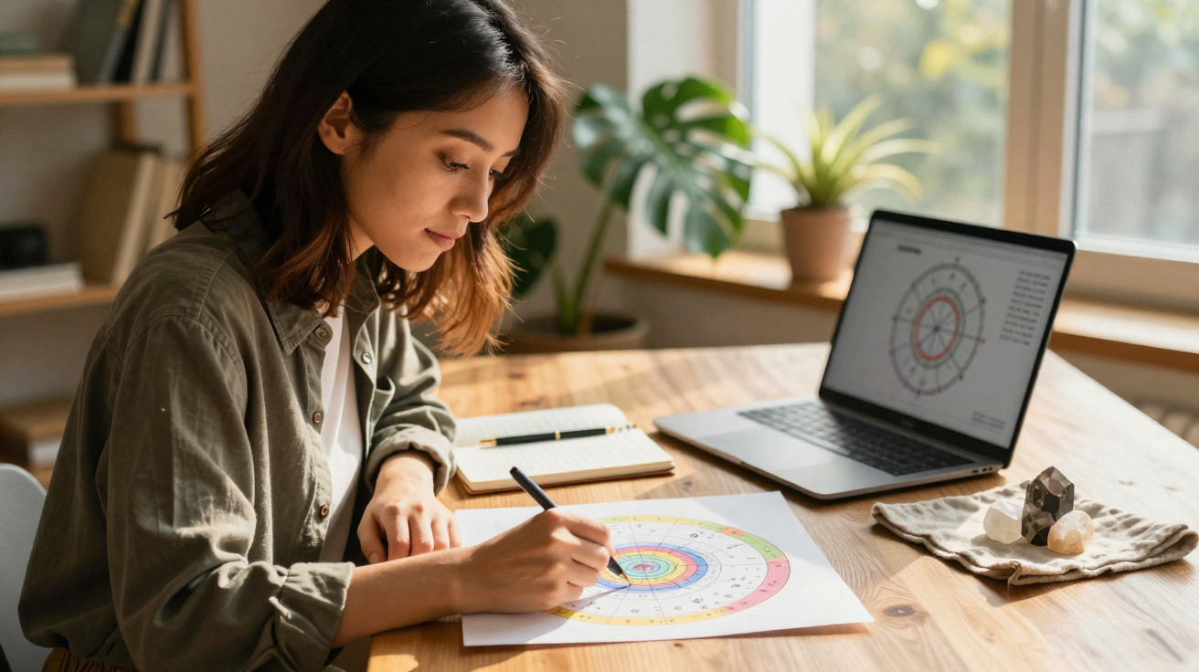 Mulher jovem desenhando gráfico colorido em papel, com laptop e cadernos em mesa de madeira clara.