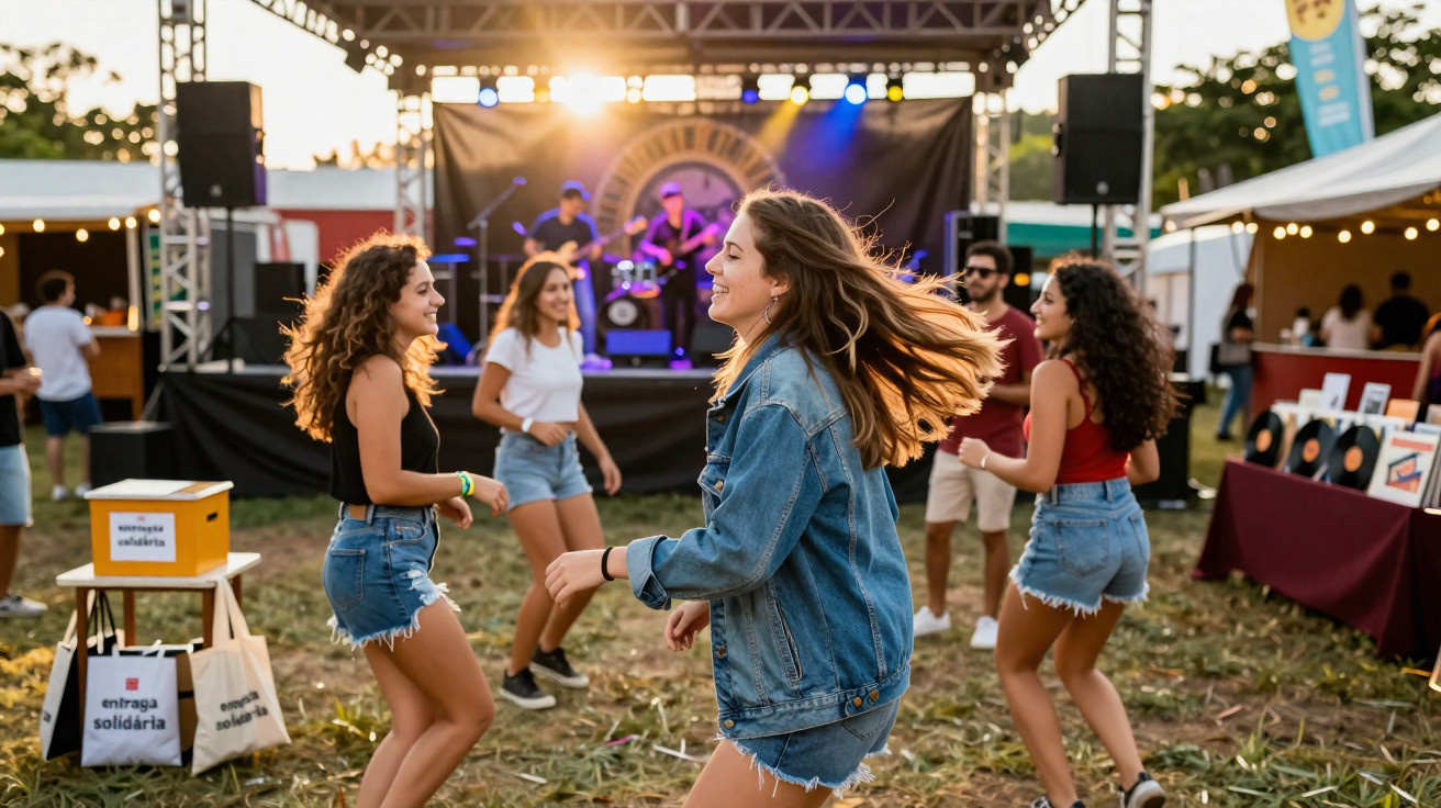 Jovens dançando e se divertindo ao ar livre em festival de música com banda ao fundo.