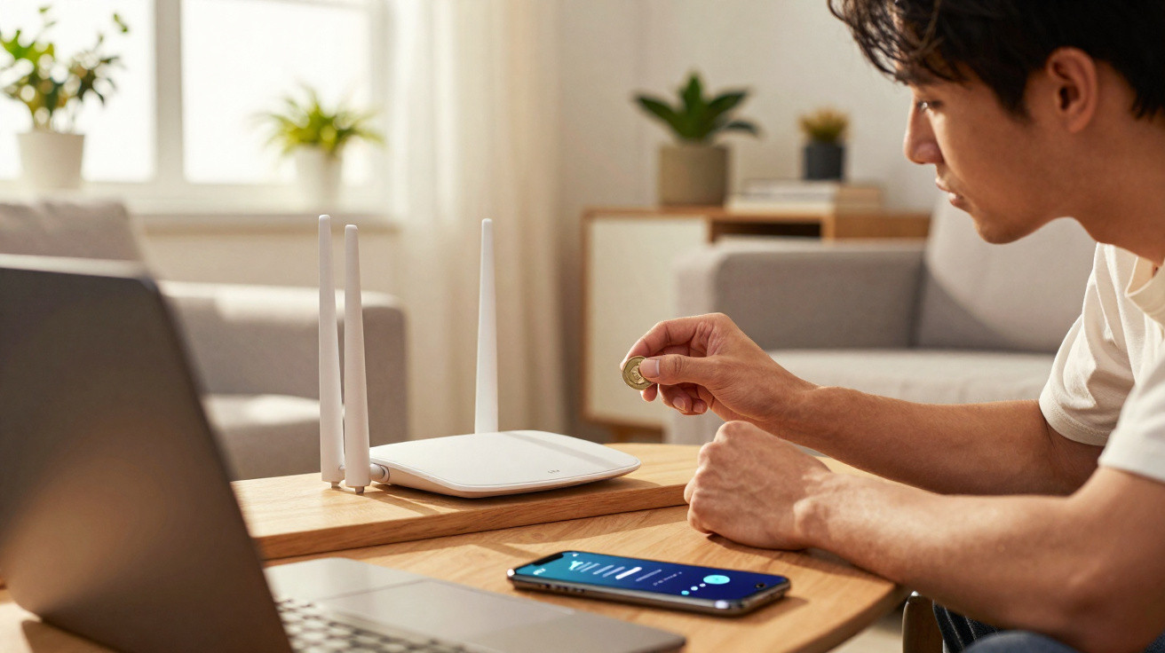 Homem ajusta roteador Wi-Fi em mesa com laptop e smartphone em sala iluminada e decorada com plantas.